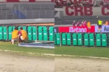 Jogadores do crb se escondem atrás de placas de publicidade