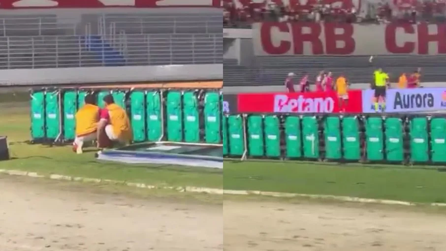 Jogadores do crb se escondem atrás de placas de publicidade